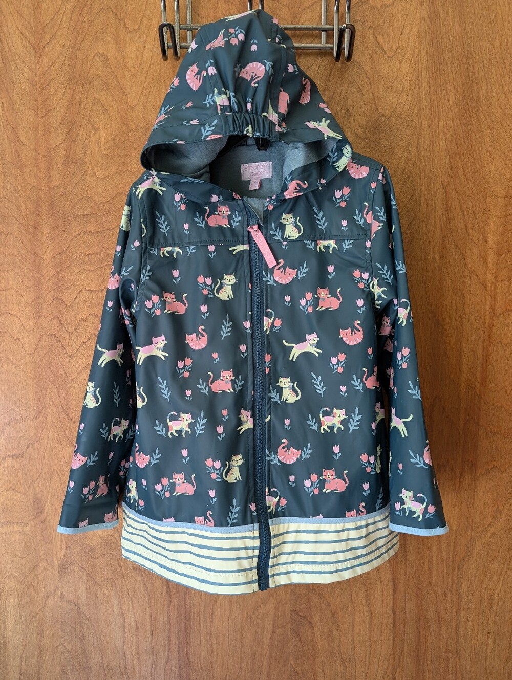 ☔ Stephen Joseph Girls' Dark Teal Cat Print Hooded Raincoat 5/6